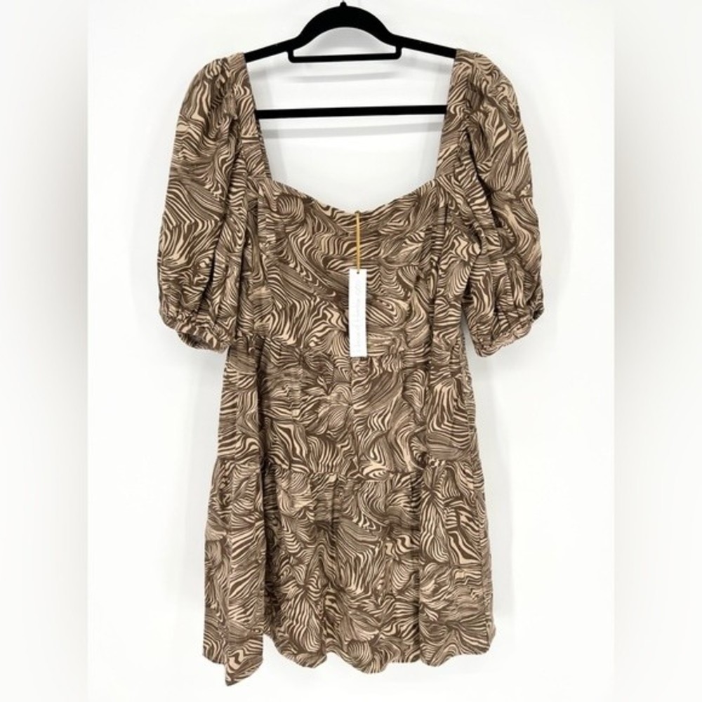 House of Harlow Linen Puff Sleeve Mini Brown Dress Summer Sun Cocktail Wedding